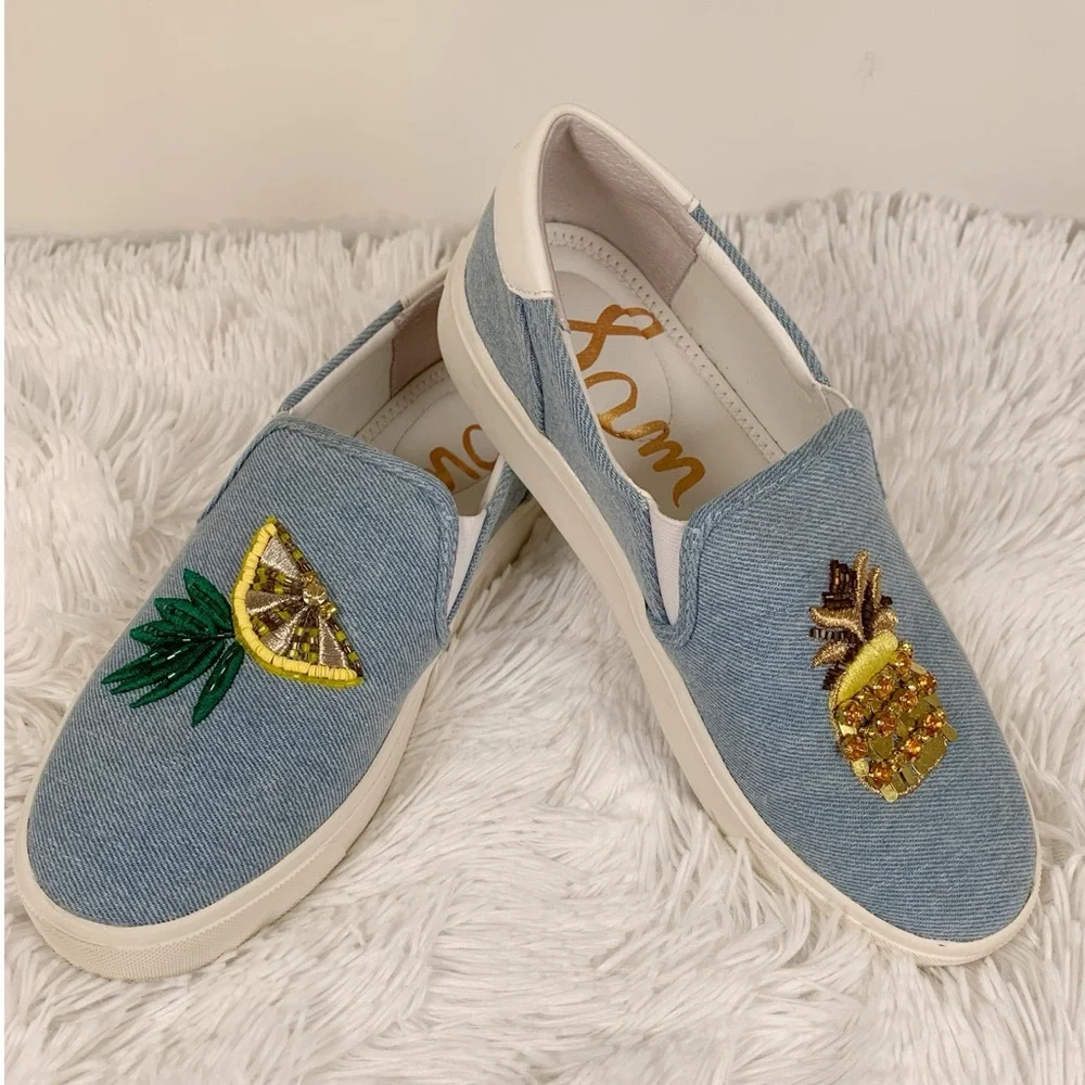 Sam Edelman Embroidered Denim Slip-On Sneakers - Picture 2 of 10